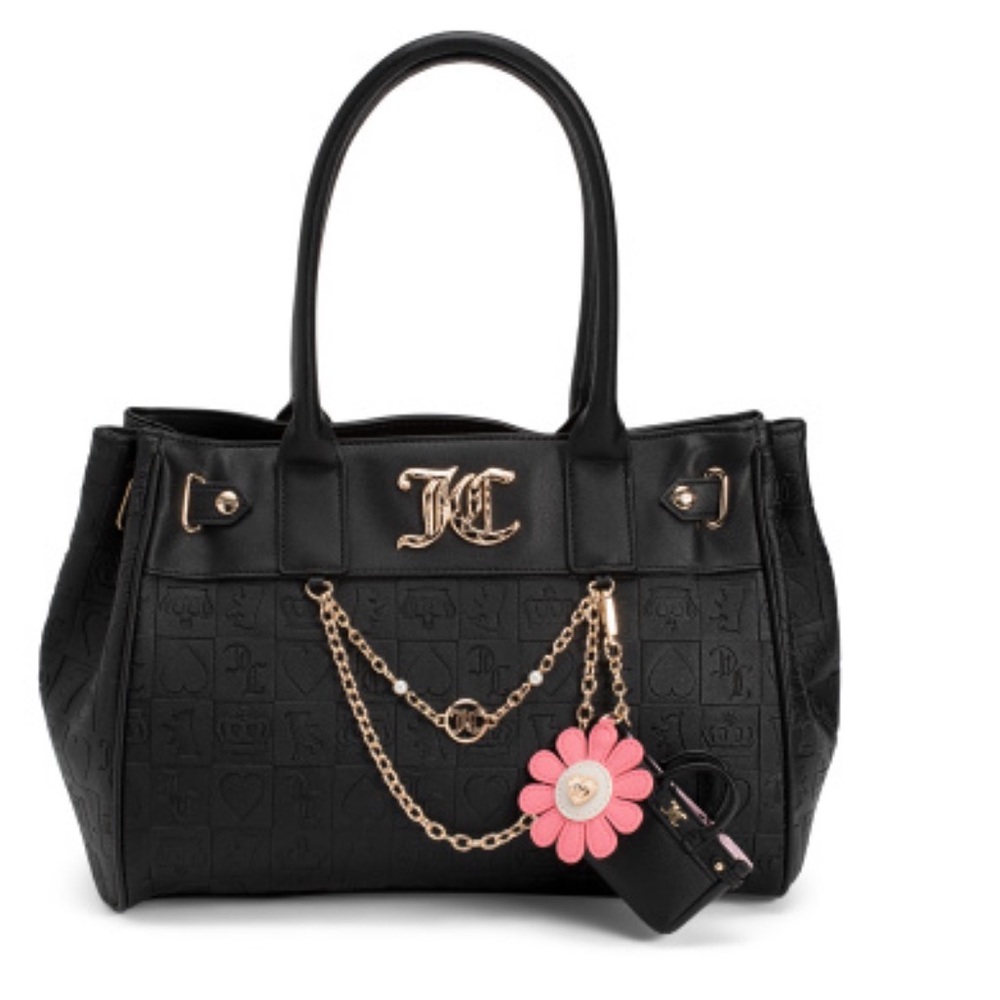 Black Tote Bag with Pink Flower Charm - Elegant Women's Handbag